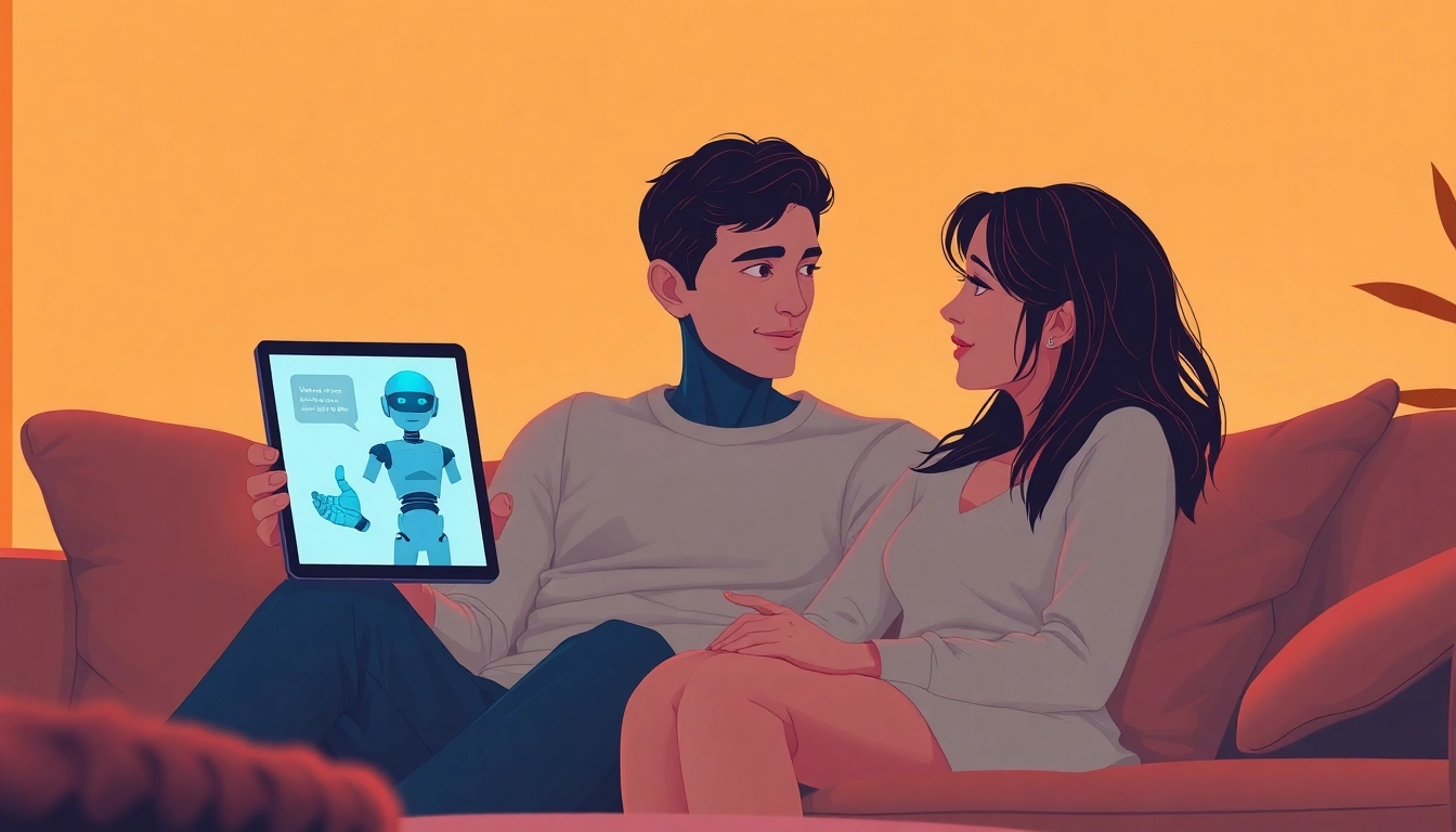 Sexting ai scene with a couple interacting with an AI chatbot in a cozy living room