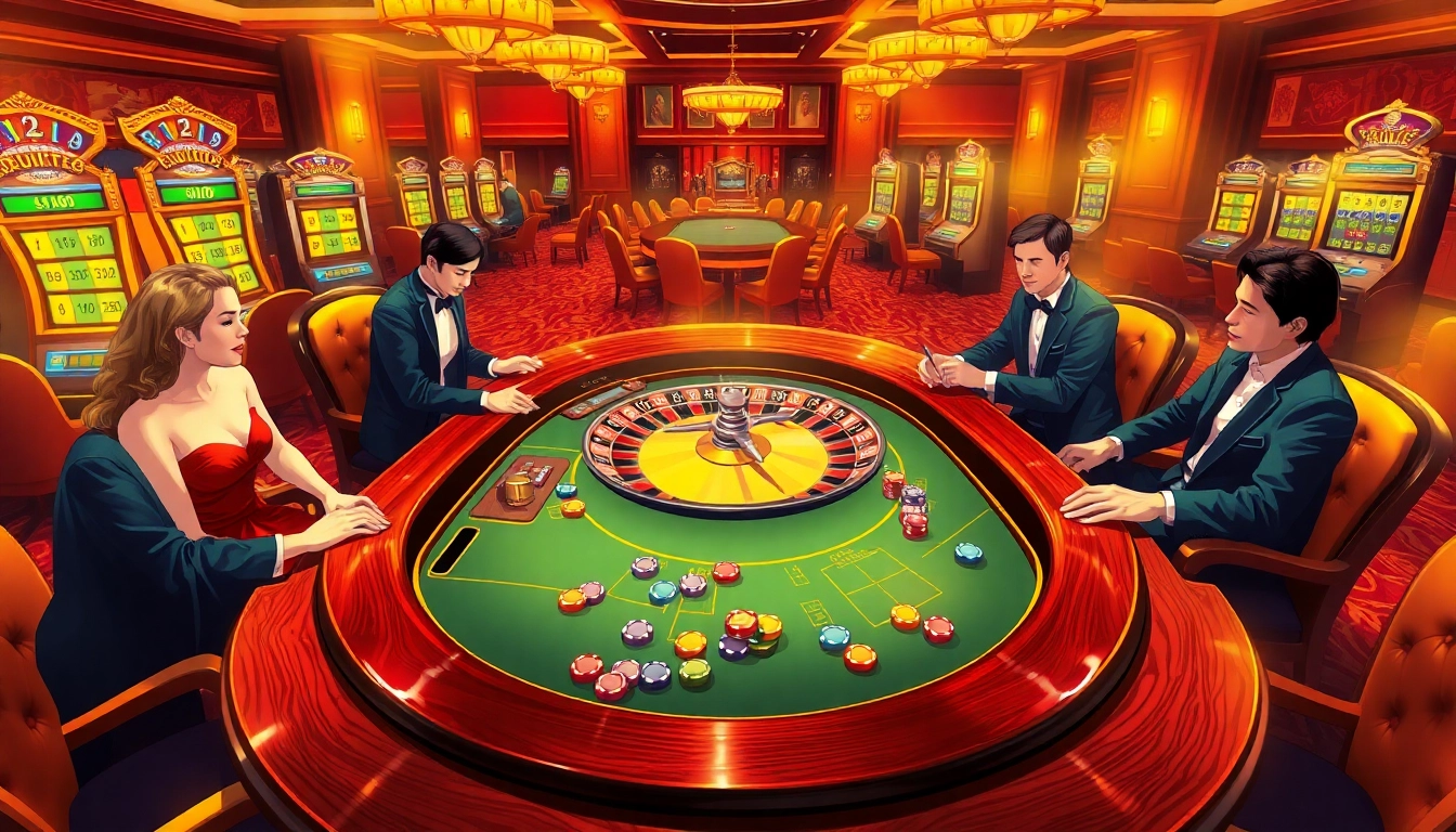 Gambling enthusiasts enjoying a poker game at uu88vn.za.com in a luxurious casino environment.