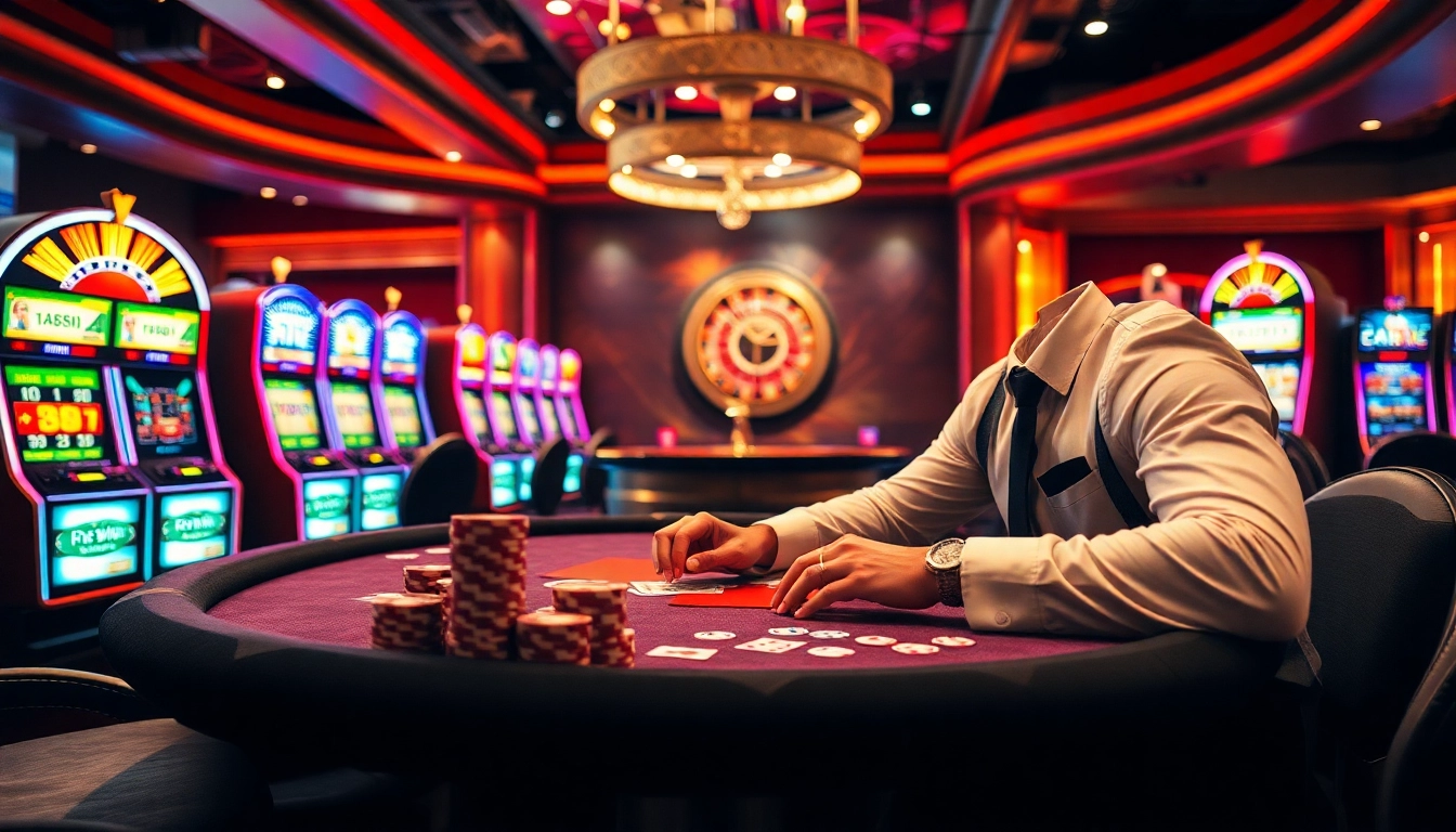 Gambler winning at 23win's high-stakes poker table in a luxurious casino environment.