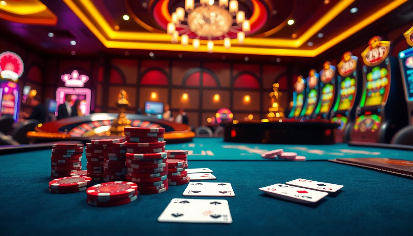 Experience thrilling games at https://ku88m.com/ with vibrant atmosphere, poker chips, and roulette excitement.