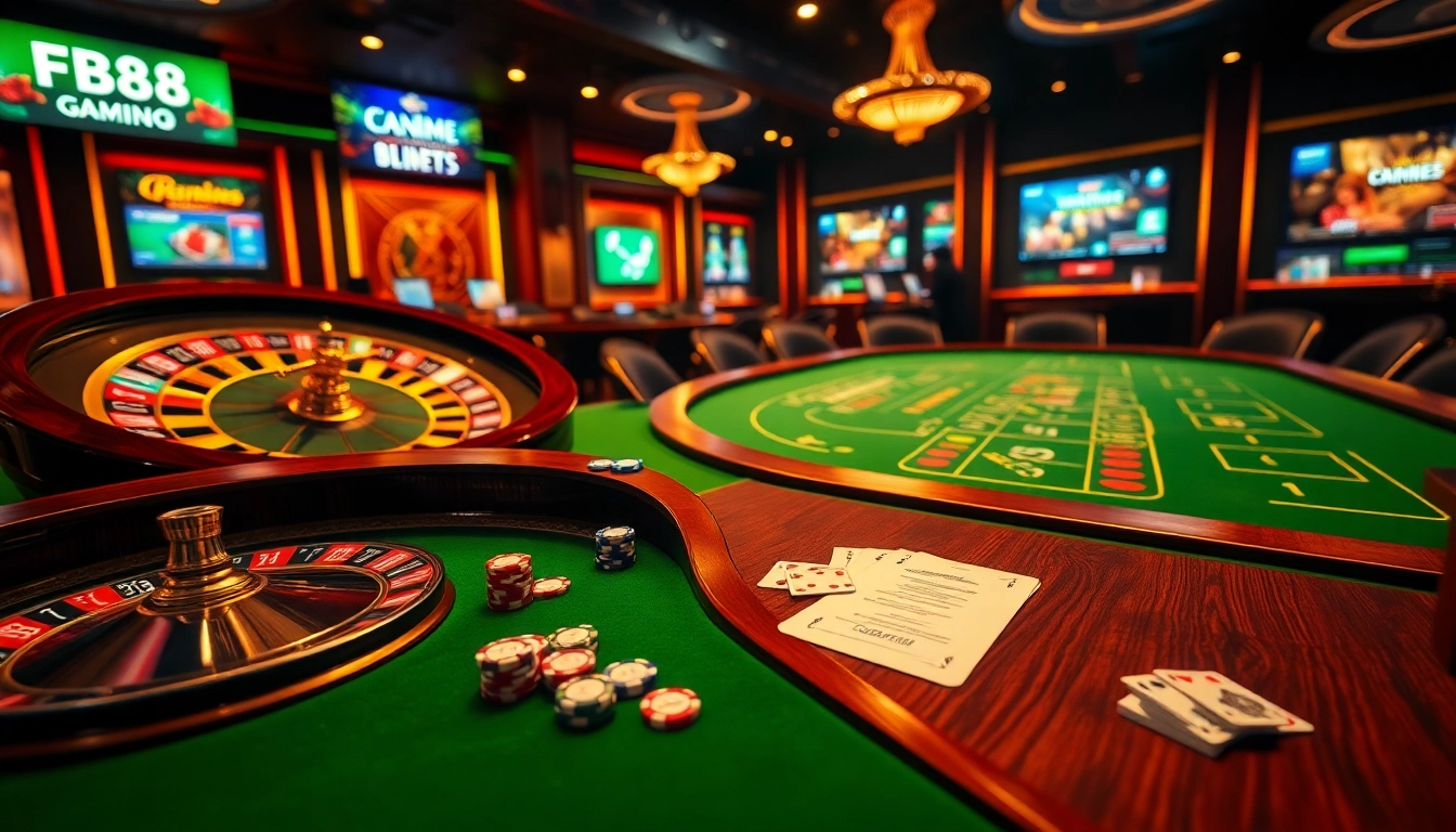 Experience the thrill of gaming at FB88 casino with vibrant poker chips and cards on luxurious tables.