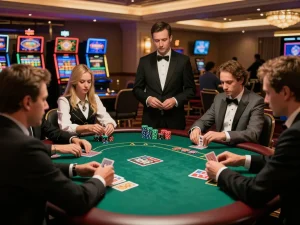 Engaging poker game at a casino featuring players strategizing with DA88 chips stacked on the table in a vibrant atmosphere.
