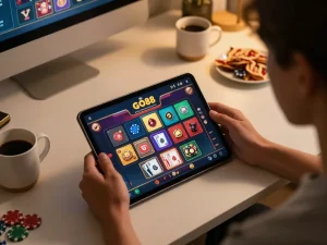 Engaging online gambling scene showing a user TẢI GO88 app on a tablet, with colorful game graphics and a cozy home setup.