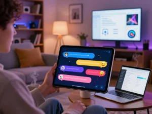 Engaging with spicy chat AI on a tablet in a cozy tech setup, showcasing colorful interactions.