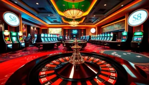 S8 casino gaming experience featuring roulette, poker tables, and vibrant slot machines.