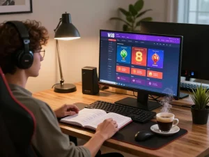Engaging gameplay on W 88 with multiple screens showcasing casino options at home.