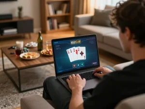 B52 CLUB online gaming session with player engaged on laptop in a cozy living room