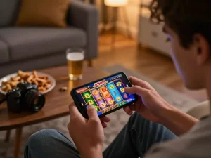 Engaging in mobile gambling with Jun88 slot game on smartphone in a cozy home setup.