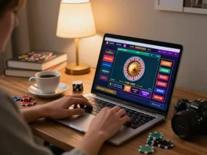 Engaging scene showcasing Link nhà cái Da88 on a laptop during an online live casino game, emphasizing strategic gameplay in a cozy home