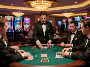 Experience elite gameplay at TopClub with engaging blackjack table action in a luxurious casino setting.