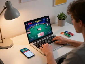 Engaging in a thrilling game of poker on 555win with chips and cards on screen, cozy home office.