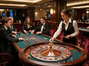 Players engaging in strategic betting at a luxury casino roulette table on keonhacai.