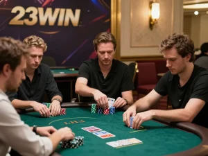 Players strategizing their bets during a thrilling poker game at 23WIN online casino.