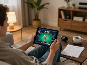 Engaging in online casino gaming on SC88 app interface with a relaxed home atmosphere