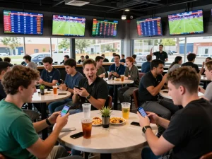 Exciting scenes of bettors analyzing tỷ lệ kèo nhà cái 5 in a lively sports bar with multiple screens.
