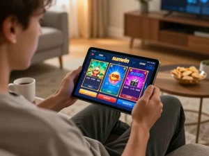 Engaged player using sunwin app on tablet, showcasing vibrant online gaming experience