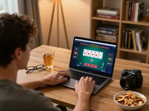 KJC user placing bets on an online poker game during a cozy home evening.