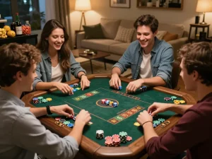 Friends enjoying a session of Tai Xiuonline at home, with vibrant dice and chips illuminating the festive atmosphere.