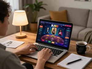 Person engaged in online gaming at home with BJ88 interface on laptop, showcasing modern gambling lifestyle.