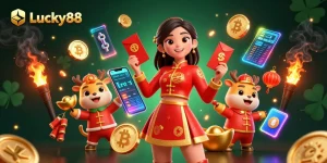 Experience winning with Lucky88 in a vibrant casino scene featuring festive elements!