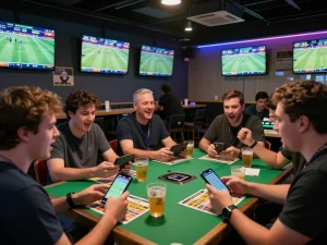 rik88 enthusiasts engaged in live sports betting at a modern bar with multiple screens.