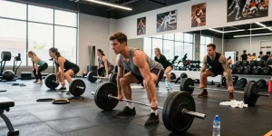 Man lifting weights in a bright gym showcasing Prime Pharma Steroiden benefits for fitness.