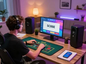 Player engaging with live dealer game on SC88E site in a cozy modern gaming setup