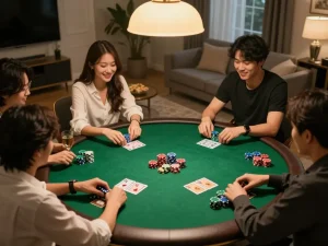 Link truy cập Bom88 for exciting home poker nights with friends around a vibrant table.
