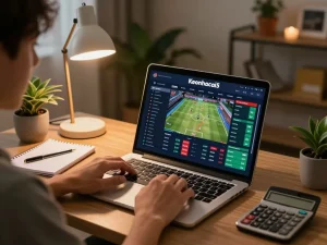 Engaging in strategic betting using the Keonhacai5 platform at home with a cozy setup.