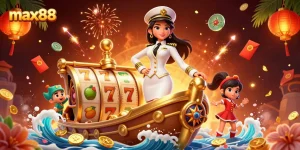 Experience the thrilling world of max88 with the glamorous Asian casino scene filled with slot reels and festive elements.