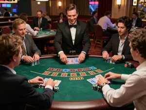 Players strategizing during a thrilling blackjack game at Fun88 com, showcasing chips and cards in a vibrant casino.