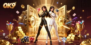 Experience thrilling gameplay at OK9, where vibrant twin characters engage with cards and casino elements.