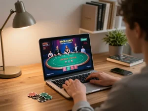 Engage in online casino gaming with the Link truy cập 9bet highlighted on the laptop.