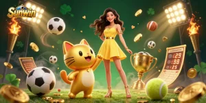 Experience the thrill of Sunwin with exciting sports betting, golden coins, and vibrant 3D illustration.