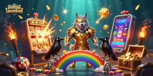 Engage in ทดลองเล่นสล็อต with a dynamic, 3D illustration of Odin and ravens surrounded by exploding slot machine elements.