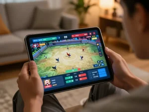 Watch trực tiếp đá gà online in a cozy home setting with a tablet and scoreboard.