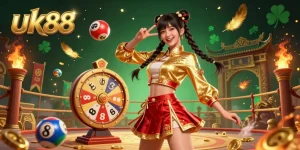 Engage with uk88's vibrant gaming atmosphere, featuring an Asian woman celebrating wins among colorful lottery balls and a prize wheel.