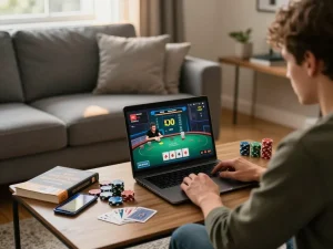 Tic88 player enjoying online poker session at home with laptop and strategy notes.