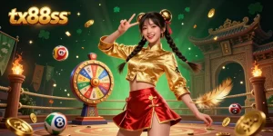 Experience thrilling gameplay and vibrant fun at tx88ss, featuring a joyful Asian woman amidst lottery balls and casino elements.