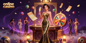 Engage with the vibrant online casino world featuring elegant designs and dynamic gaming elements in a 3D illustration.