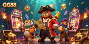 Experience thrilling jackpots with GG88 in a vibrant casino scene featuring lively 3D characters and slot machines.