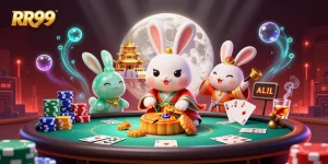 Engage in thrilling poker action at RR99 with a 3D moon rabbit illustration showcasing unique game elements.
