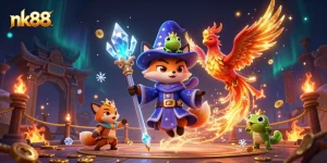 Experience thrilling gaming at nk88 with a wizard fox, phoenix, and golden tokens in a vibrant casino scene.