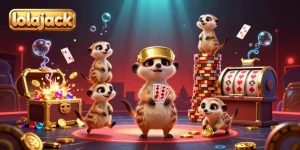 Experience the thrill at lolajack casino with lively meerkats amidst winning slots and vibrant casino elements.