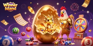 Experience the excitement at Winner Island Casino, showcasing a vibrant scene with gold elements and dynamic gaming symbols.