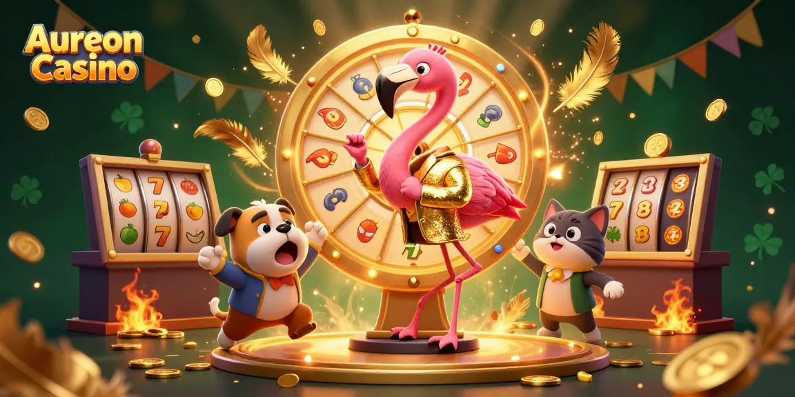 Aureon Casino showcases thrilling gaming action with a flamingo host, bulldog contestant, and vibrant slot reels.