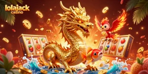Experience the thrill of lolajack casino with a vibrant 3D illustration of a dragon and lucky symbols.