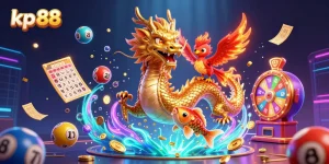 Engage with kp 88's thrilling gaming experience featuring vibrant characters like a fierce dragon and animated lottery elements.