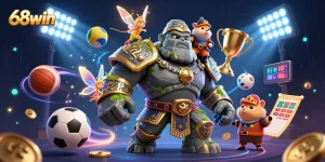Bet on exhilarating action at 68win with a dynamic casino scene featuring a magic golem guardian.
