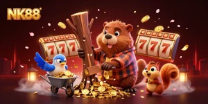 Engage in thrilling gameplay at NK88 with vibrant slots and golden coins raining down.
